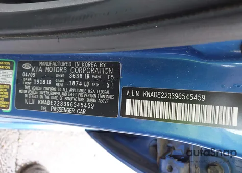 2009 Kia Rio Lx z USA, uszkodzony, nr VIN KNADE223396545459